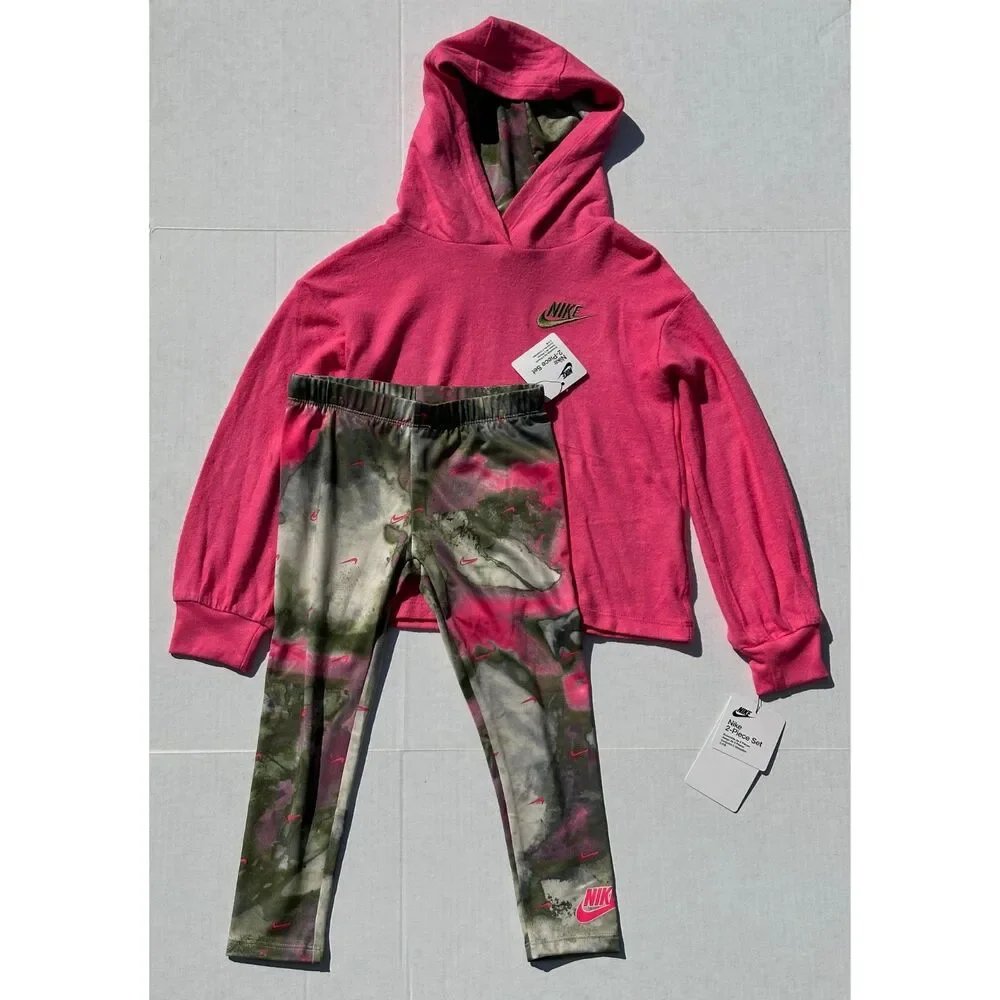 NWT Nike Girls Pullover Hoodie and Leggings Set Pink Olive - Size 5